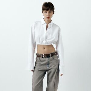 ZARA NEW WOMAN SS24 SKY WHITE CROPPED GABARDINE SHIRT SIZE: SMALL